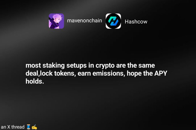 A dark-themed graphic featuring the mavenonchain and Hashcow logos, with text about most crypto staking setups being the same: 'deal, lock tokens, earn emissions, hope the APY holds.'