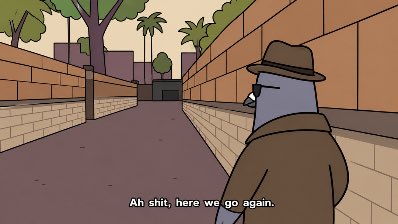 An animated scene shows a detective in a brown trench coat and fedora observing a figure in the distance down an alleyway, with a caption reading 'Ah shit, here we go again.'