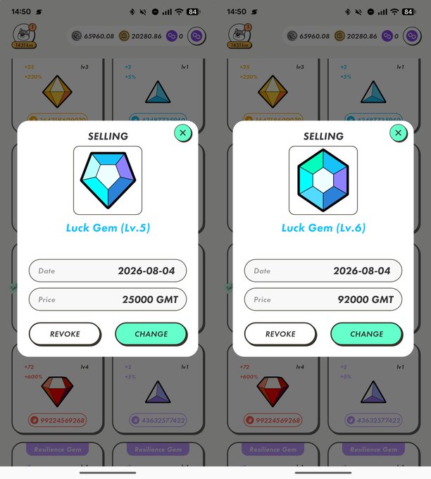 Two mobile app screens show 'SELLING' listings for digital 'Luck Gem' items at levels 5 and 6, priced at 25000 GMT and 92000 GMT respectively.