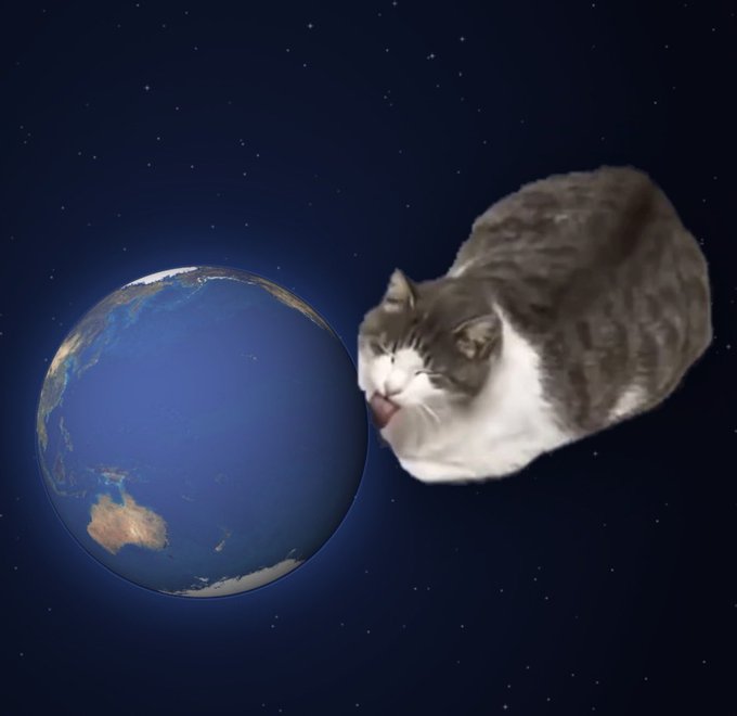 A massive, fluffy gray and white feline floats in space licking planet Earth, humorously referencing the $LICKINGCAT Solana memecoin. The image visually represents the playful concept of a giant cat interacting with Earth, fitting the "cat szn" crypto theme.
