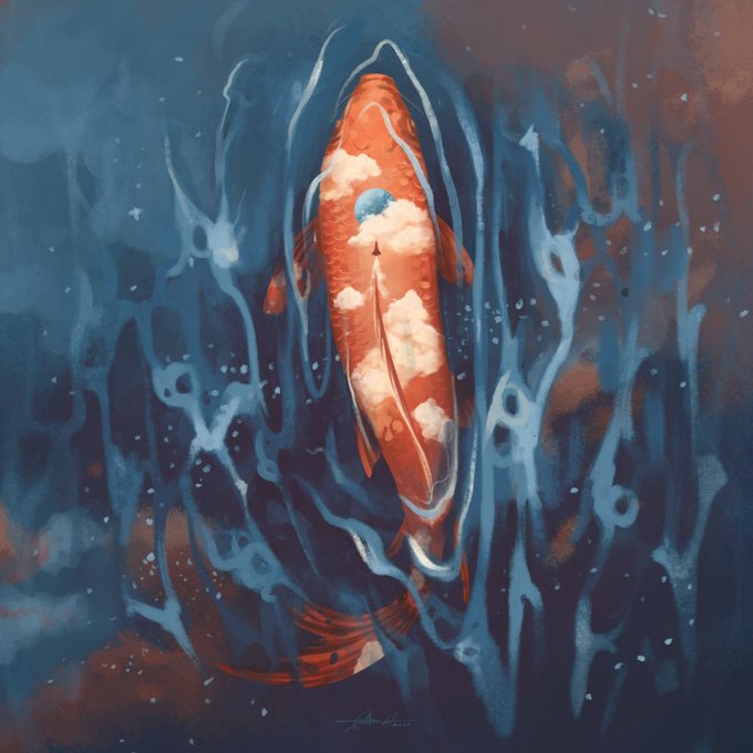 A surreal digital painting of an orange, submarine-like object with porthole windows floating through a swirling, dark blue underwater environment.
