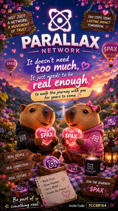 A promotional poster for 'PARALLAX NETWORK' featuring two capybaras holding glowing pink '$PAX' hearts, with text like 'It doesn't need too much, It just needs to be real enough' and an invite code '7CC8B164'.