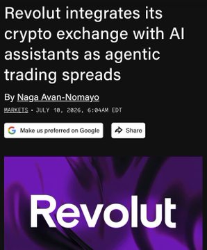 **Caption:** A news article featuring the Revolut logo with the headline "Revolut integrates its crypto exchange with AI assistants as agentic trading spreads."

**Connection:** The user appears to be drawing a parallel between Revolut's move into AI-driven crypto trading and a ticker called $TIBBIR, possibly implying a similar AI/agentic trading development related to that token, with hashtags referencing AI, crypto, and stocks.