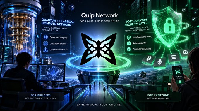 Promotional graphic for 'Quip Network' featuring 'QUANTUM + CLASSICAL COMPUTE NETWORK' and 'POST-QUANTUM SECURITY LAYER', with sections 'FOR BUILDERS: USE THE COMPUTE NETWORK' and 'FOR EVERYONE: USE QUIP ACCOUNTS', tagline 'SAME VISION. YOUR CHOICE.'