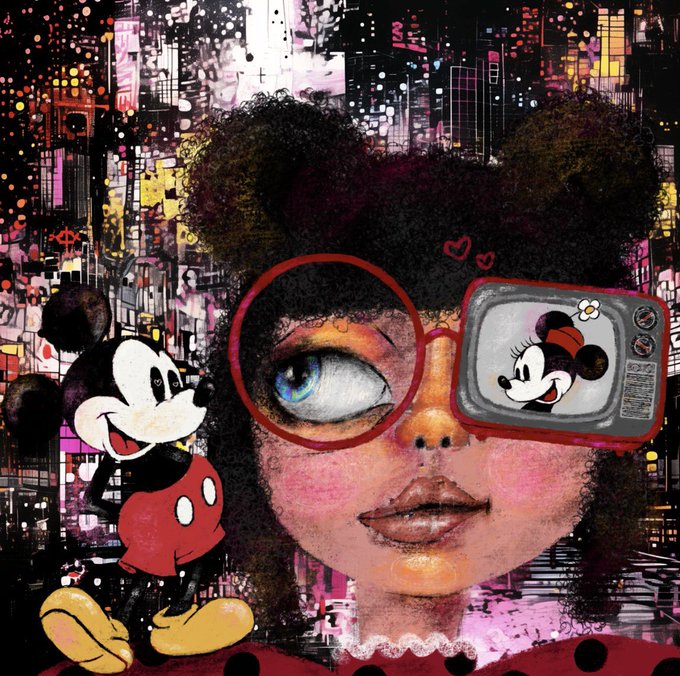A vibrant digital collage featuring a woman wearing oversized red glasses where one lens displays a television showing Minnie Mouse, set against a colorful, abstract cityscape background with a classic Mickey Mouse figure on the left.