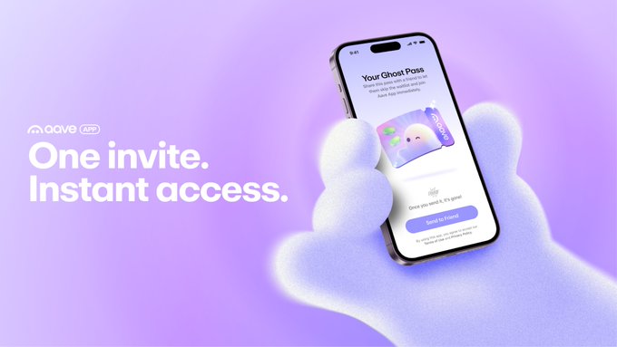 A promotional graphic with a purple background showing a hand holding a phone displaying 'Your Ghost Pass', with text reading 'dave APP' and 'One invite. Instant access.'