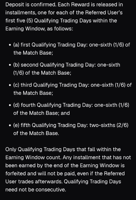 A screenshot of terms and conditions outlining how a referral bonus is released in five installments of one-sixth each over a Referred User's first five Qualifying Trading Days (with the fifth installment doubled to two-sixths), only counting days within the Earning Window and forfeiting any unearned amounts after it closes. The image relates to the post by illustrating the restrictive wagering requirements the commenter found worse than typical sportsbooks, explaining why they deemed the referral bonus not worth pursuing for US residents.