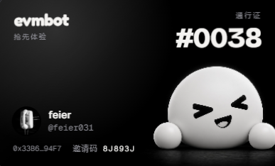 A dark evmbot-style image shows a white round mascot, “feier,” “@feier031,” “#0038,” and additional Chinese and alphanumeric text.