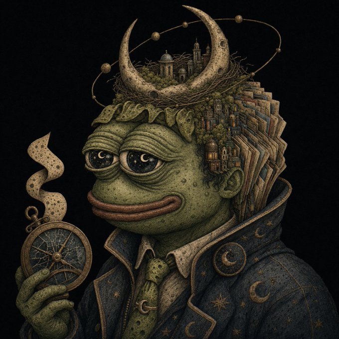 A dark surrealist digital illustration of a frog-like humanoid creature with a crescent moon and miniature city on its head, holding a pocket watch and wearing a celestial-patterned coat.