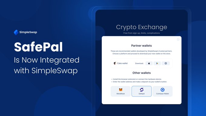 A promotional graphic with a dark blue background announces "SafePal Is Now Integrated with SimpleSwap" alongside the SimpleSwap logo, while a mockup on the right shows the Crypto Exchange wallet selection interface featuring SafePal, MetaMask, and Coinbase Wallet as integration options.