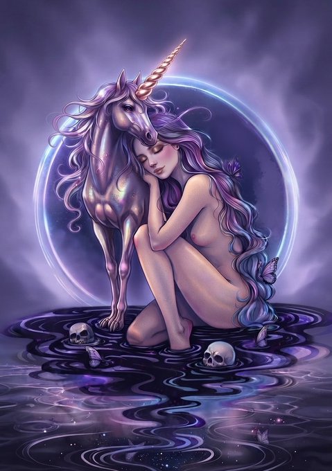 In a dreamy, violet‑hued scene, a nude woman with long, iridescent hair embraces a glowing unicorn, both surrounded by a luminous circle and floating skulls in dark water.