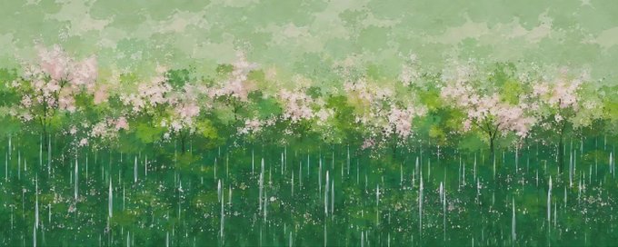 A horizontal digital artwork depicting a serene, abstract forest scene with slender trees, green foliage, and pink blossoms under a pale green sky.