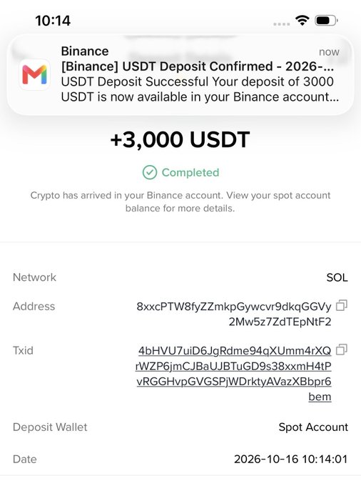 A Binance app screenshot confirming a USDT deposit, showing '+3,000 USDT Completed' with a notification 'USDT Deposit Successful Your deposit of 3000 USDT is now available in your Binance account...' over the SOL network, dated 2026-10-16 10:14:01.