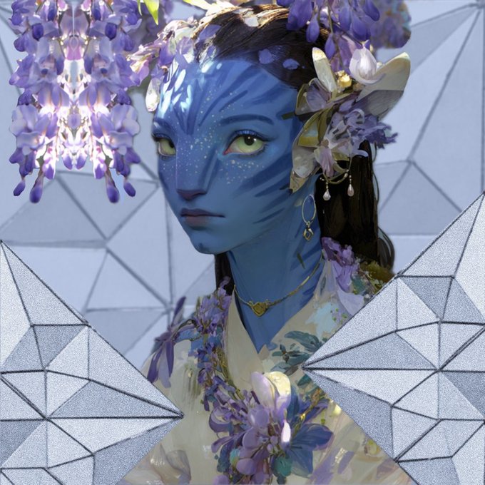 A digital artwork or cosplay of a blue Na'vi-like character with green eyes, adorned with purple wisteria flowers, gold jewelry, and white geometric patterns in the background.