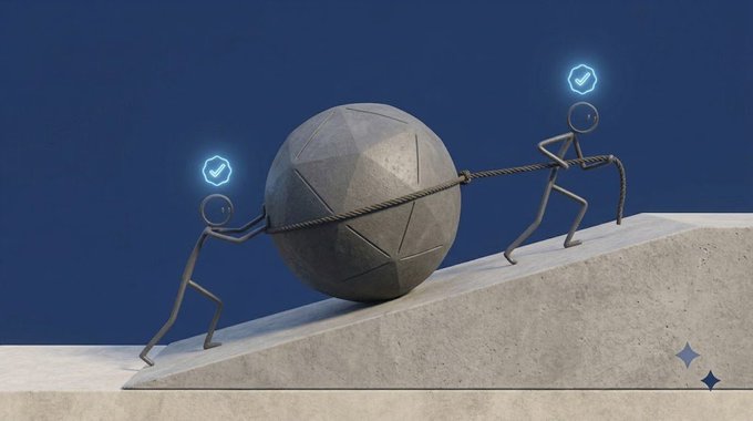 A 3D illustration shows two stick figures pushing a large boulder uphill with rope, each displaying a checkmark icon above their heads.