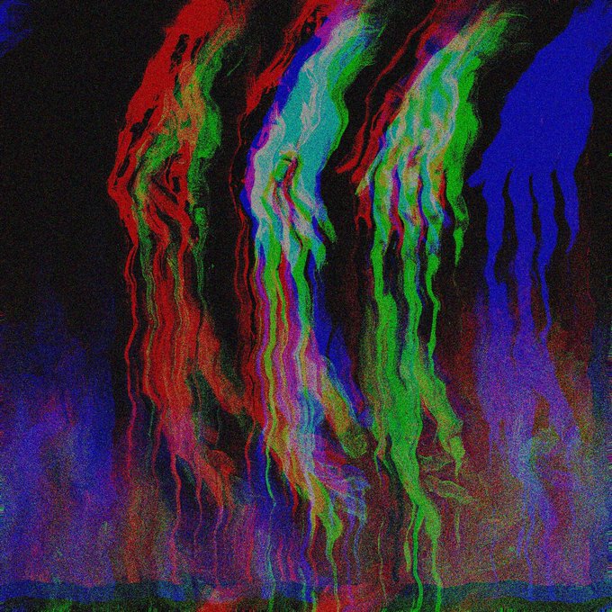 An abstract digital artwork featuring vibrant vertical streaks of red, green, blue, and purple dripping downward against a black background.