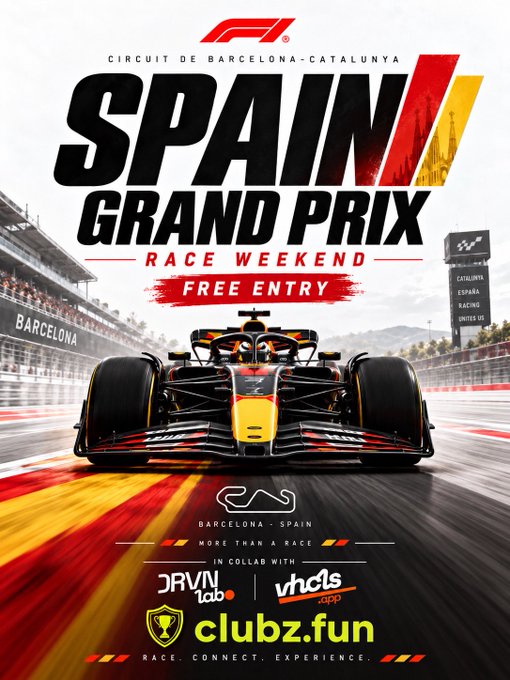 The image is a promotional poster for the F1 Spain Grand Prix at Circuit de Barcelona-Catalunya, featuring a Red Bull Racing car on the track with "FREE ENTRY" and "SPAIN GRAND PRIX RACE WEEKEND" text, advertising a fantasy racing contest in collaboration with DRVN lab, Vhcls.app, and clubz.fun.

The poster visually reinforces the post's announcement of the live F1 Spain Grand Prix event, tying the real-world race at Barcelona to the clubz.fun fantasy/DFS contest where fans can build lineups or spin their teams.