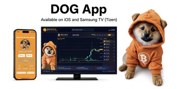 The image is a promotional banner for the "DOG App," available on iOS and Samsung TV (Tizen), featuring a smartphone and TV displaying the DOGGO TO THE MOON trading interface with a candlestick chart for DOG/USDT, alongside a Shiba Inu dog wearing an orange Bitcoin hoodie. The tagline "DOG-GO-TO-THE-MOON" and the chart align with the post's enthusiastic endorsement of $DOG by the community member.