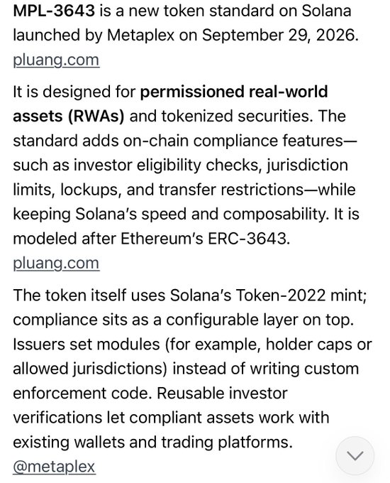 A text excerpt explaining that MPL-3643 is a new token standard on Solana launched by Metaplex on September 29, 2026, designed for permissioned real-world assets and tokenized securities.