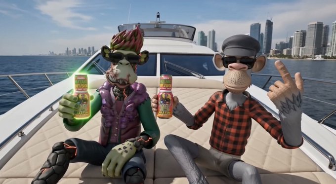 Two animated ape/creature characters on a yacht holding cans, with a city skyline in the background.