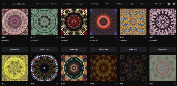 The image features an array of mandalas, which are circular patterns used in various spiritual and artistic practices such as meditation or painting. There are a total of 14 mandalas displayed in different colors including red, orange, green, blue, black, purple, and yellow. The top left corner of the post says "Only 6 left Mandala Therapy, 30 unique 1/1 mandalas Most already sold at 7 TEZ These are pure visual medicine Grab the last ones before they're gone Buy 10 and I'll create a rare exclusive mandala just for you Happy Tezos Tuesday #TezosTuesday #TezosNFT". This suggests that these particular mandalas could be unique, special, or highly sought-after by collectors. The post encourages viewers to take advantage of the limited availability and to purchase these mandalas to complete their set.