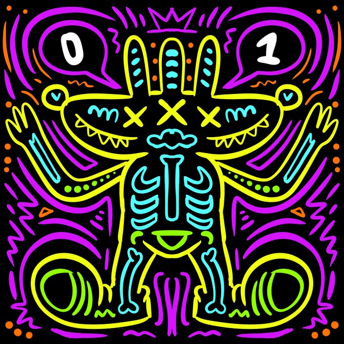 A neon-style symmetrical illustration in yellow, purple, cyan, and orange on a black background, featuring '0' and '1' in speech bubbles and an abstract central figure with X-shaped eyes.
