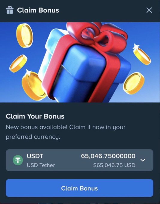 A "Claim Bonus" popup displays an offer of 65,046.75 USDT ($65,046.75 USD) in a user's preferred currency, featuring a blue gift box with a red bow surrounded by gold coins. This screenshot relates to the post by showcasing a much larger bonus payout (~$65k) compared to the user's expected weekly amount of ~$12k, likely tied to a platform's promotional rewards system.
