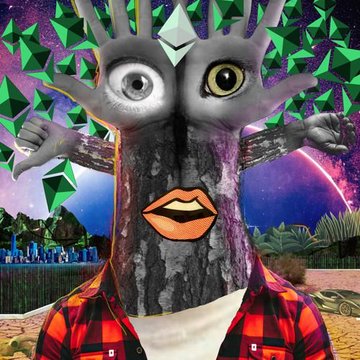 A surreal AI-generated artwork depicting a humanoid figure with a tree trunk body, a hat shaped like hands holding a large eyeball and a yellow eye, and disembodied lips on the chest, set against a cosmic background.