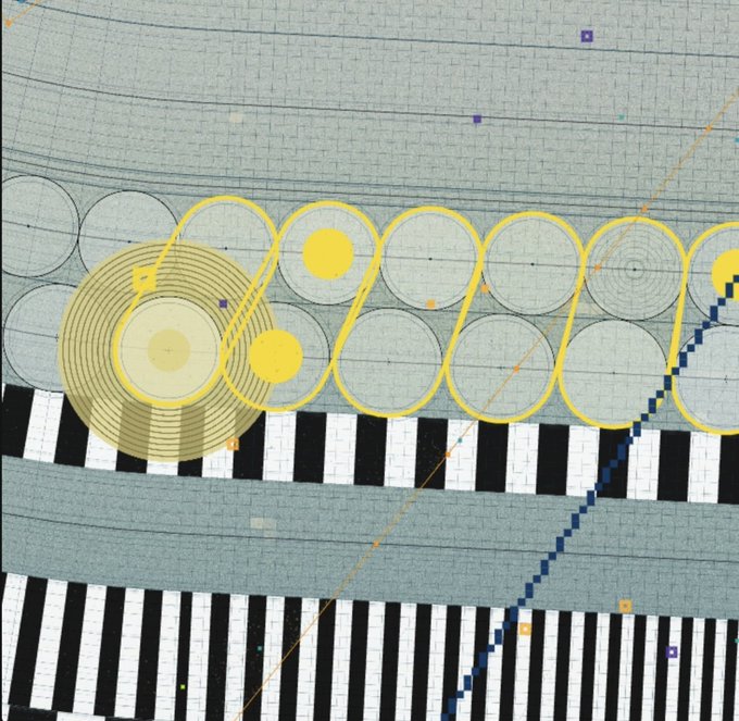 The image features a large abstract piece of art that includes multiple elements such as lines, shapes, and colors, predominantly in shades of black and white. One notable element is the presence of squares interspersed with diagonal lines throughout the composition. The artwork also includes various other shapes and patterns which contribute to its complex nature. In addition to these visual details, there are two small figures within the piece - one located on the left side and another towards the right. These elements create a sense of movement and energy in the artwork, adding depth and interest to the overall composition.