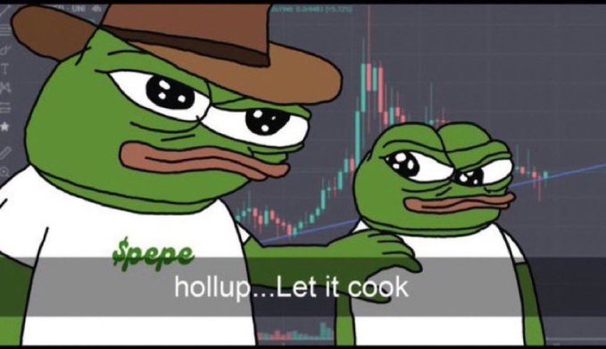 Two Pepe the Frog characters, one wearing a brown cowboy hat and a white shirt with '$pepe' on it, standing before a candlestick trading chart with the caption 'hollup...Let it cook'.