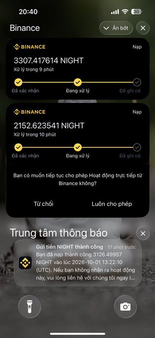 A phone screenshot showing two pending Binance withdrawals totaling 5488 NIGHT (3304 + 2152 tokens) with a notification center message confirming the receipt of NIGHT tokens on October 1, 2026, aligning with the user's post about receiving their final Midnight Network payroll batch.