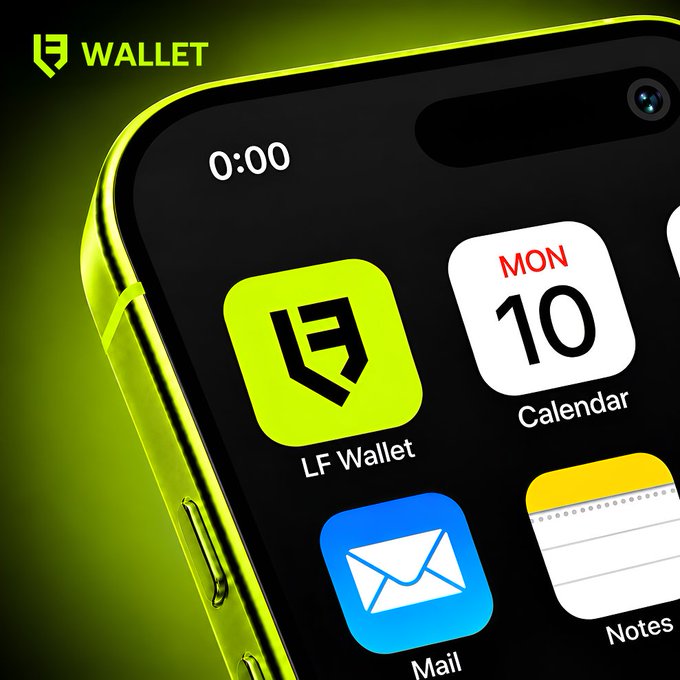 A close-up promotional image of a smartphone displaying the LF Wallet app icon on its home screen alongside Calendar and Mail icons, with a green neon-lit edge.