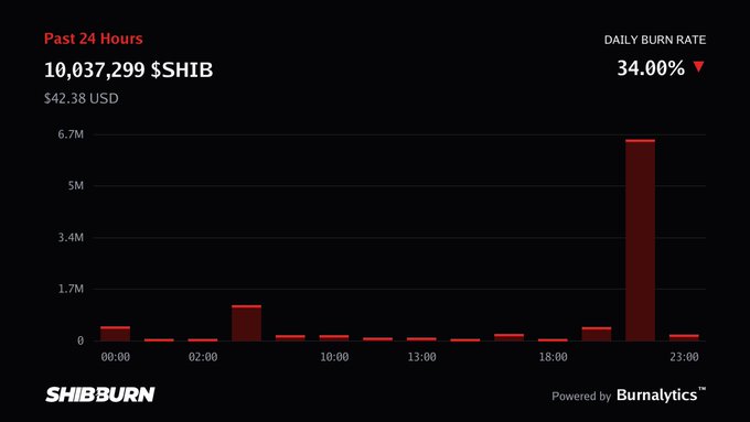 A SHIB burn tracker dashboard from Shibburn showing 10,037,299 $SHIB (approximately $42.38 USD) burned in the past 24 hours, with a daily burn rate increase of 34.00% and a bar chart highlighting a large spike in burn activity around 21:00.