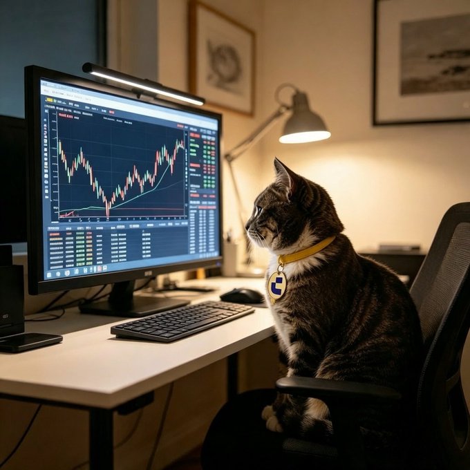An AI-generated image of a tabby cat wearing a gold collar sitting in an office chair staring at a computer monitor displaying a stock trading chart with a desk lamp illuminating the scene.