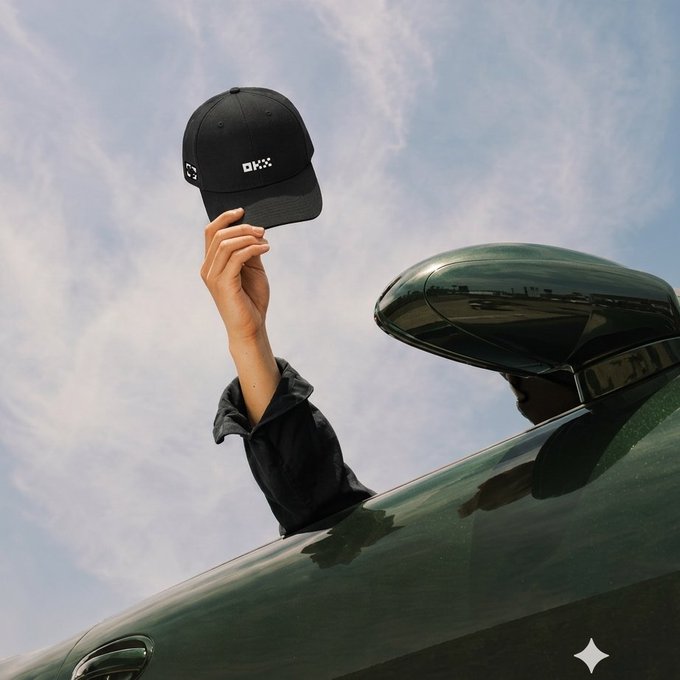 An artistic image shows a person's arm holding a black cap with the text 'OKX' out the window of a dark green vehicle against a cloudy sky.