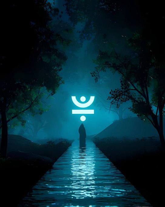 A lone figure stands on a misty, moonlit forest path gazing up at a glowing symbol. The image's mysterious, ethereal atmosphere reflects the unknown and emerging nature of the JUST ecosystem (JST and JustLend DAO), which the post describes as a dual-faceted project where token market activity and DeFi utility together shape the full picture.