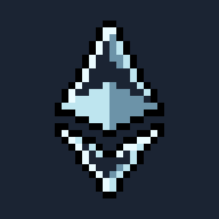 A pixel art icon depicting a blue gem or crystal shape with white outlines on a dark background.
