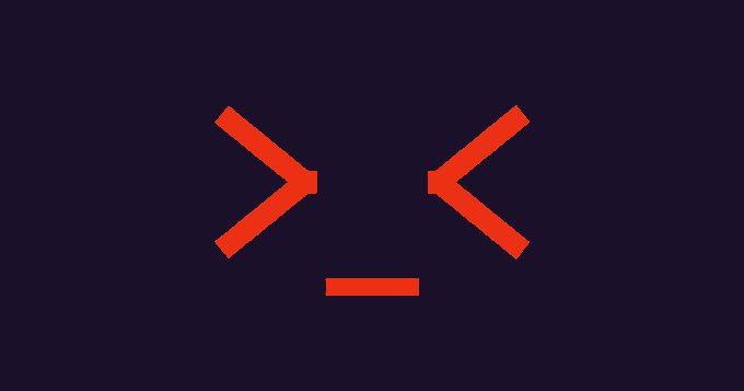 A minimalist graphic of an angry face composed of red geometric shapes on a dark purple background.