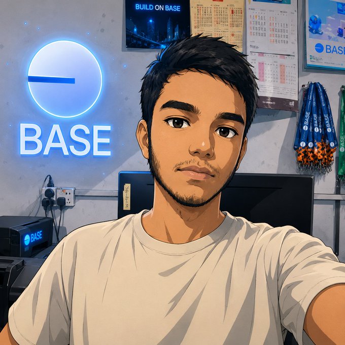 An anime-style illustration of a young man in a white t-shirt taking a selfie in a room decorated with a glowing blue 'BASE' neon sign, 'BUILD ON BASE' poster, calendars, and BASE-branded merchandise.
