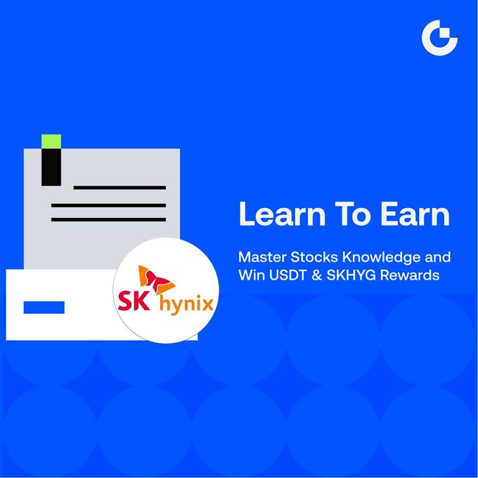 A blue promotional graphic for a "Learn To Earn" program featuring SK Hynix branding, inviting users to "Master Stocks Knowledge and Win USDT & SKHYG Rewards." The design includes a document icon and SK hynix logo, aligning with the post's announcement of a new educational rewards campaign where participants can earn credits by completing stock-related lessons and quizzes.