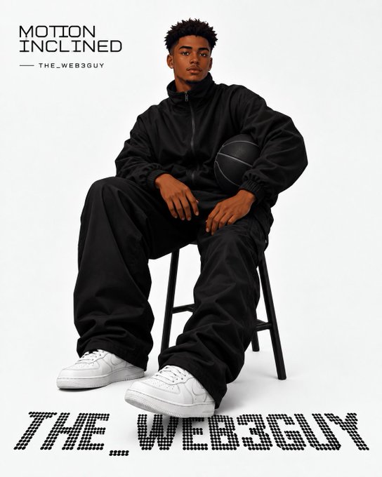 An editorial photo of a young man in a black windbreaker and pants, holding a basketball while sitting on a stool, with text 'MOTION INCLINED — THE_WEB3GUY' at the top and 'THE WEB3GUY' at the bottom.