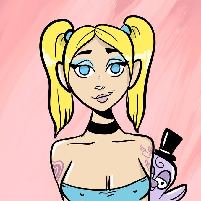 An illustration of a blonde cartoon character with pigtails, blue eyeshadow, and tattoos, holding a small purple creature wearing a top hat against a pink background.