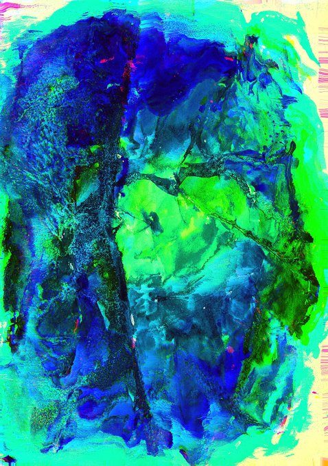 An abstract painting features vibrant splashes and blends of blue and green paint with various textures and dark brushstrokes.
