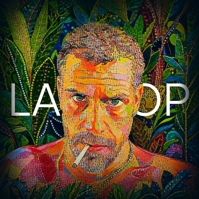 A colorful, mosaic-style digital artwork of a man's face with a cigarette in his mouth, surrounded by green leaves, with the text 'LA OP' overlaid across the center.