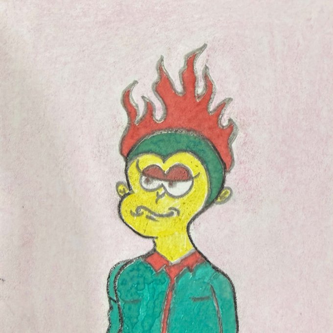 A hand-drawn sketch of a yellow-skinned character with a green headband, red flaming hair, and a green jacket, representing NFT art for a ChimpsterzZ giveaway offering 2 GTD and 4 WL spots on the ETH chain.