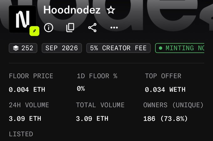 NFT collection dashboard for 'Hoodnodez' showing a floor price of 0.004 ETH, top offer of 0.034 WETH, 24H volume of 3.09 ETH, and 186 unique owners (73.8%).