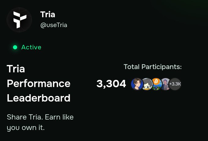 The image shows a list of social media platforms and their corresponding leaderboards. The main focus of the image is the leaderboard for Tria, an influencer or performer, and it features her name at the top along with three numbers showing her performance. The numbers could represent her ranking on different platforms, such as Twitter, Facebook, Instagram, LinkedIn, and TikTok. Additionally, there's a small text in the bottom right corner of the image that says "Grow your reward pool each month by hitting @useTria card sales & Trading Volumes goals Share content using your link we track 250+ social & performance metrics to boost your leaderboard score Log in to the TRIA Ambassador to receive your referral rewards every week". This text is related to the posts about Tria's leaderboard, as it suggests that users can hit a specific target to earn rewards and improve their ranking on her social media platforms.