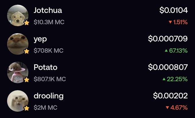 A cryptocurrency tracking dashboard displays four meme coin listings featuring animal profile pictures: Jotchua ($0.0104, $10.3M MC, down 1.51%), yep ($0.000709, $708K MC, up 67.13%), Potato ($0.000807, $807.1K MC, up 22.25%), and drooling ($0.00202, $2M MC, down 4.67%). The collection of various animal-themed tokens visually represents the post's concept of "collecting animals like infinity stones," showing a portfolio of creature-based crypto assets at varying market caps and price performances.
