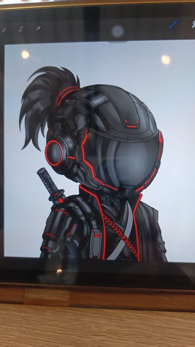 A tablet screen displays a digital drawing of a futuristic ninja-like character in a black and red armored suit with a helmet, headset, and sheathed sword. The post's hex codes (0x2710=10000, 0x61A80=400000, 0x6BE91A=gold) appear to represent the character's black, red, and gold color palette, hinting at a teaser for an original art release or NFT collection rather than a collaboration.