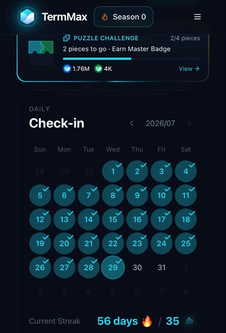 A 'TermMax Season 0' daily check-in calendar interface for July 2026, showing a 'Current Streak' of 56 days.